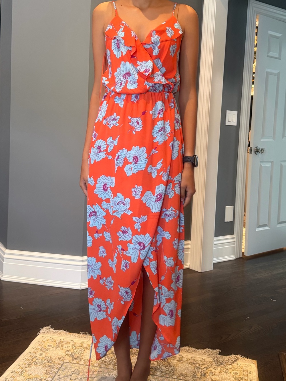 Everly Orange Floral Maxi Dress with Blue Flowers